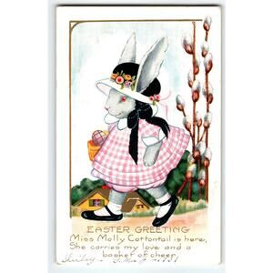 Easter Fantasy Postcard Whitney Dressed Girl Bunny Rabbit In Dress 1931 Vintage